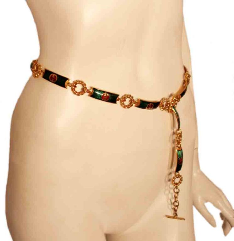 1970's Gucci Green, Red, Green, and gold Logo Chain Belt with Toggle closure 1