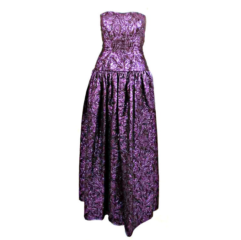 Jan Vanvelden 2pc Purple & Black Strapless Metallic Brocade Gown and Jacket