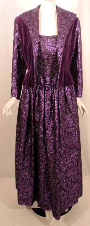 Jan Vanvelden 2pc Purple & Black Strapless Metallic Brocade Gown and Jacket In Excellent Condition In Los Angeles, CA