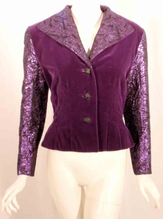 Jan Vanvelden 2pc Purple & Black Strapless Metallic Brocade Gown and Jacket 4