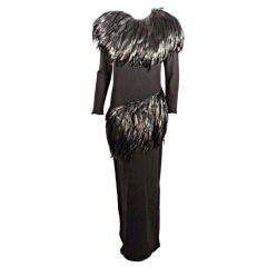 Adolfo Long Black knit Evening Gown with Iridescent Feathers 2