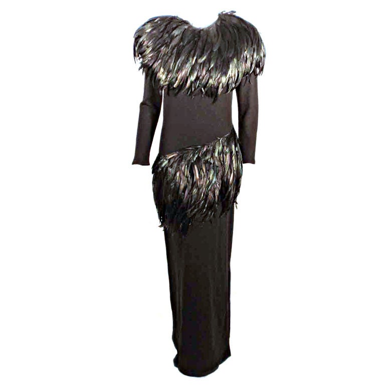 Adolfo Long Black knit Evening Gown with Iridescent Feathers For Sale