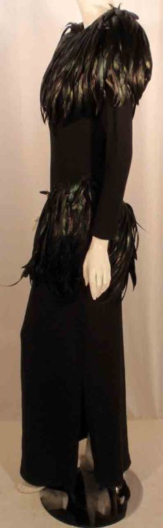 Adolfo Long Black knit Evening Gown with Iridescent Feathers In Excellent Condition For Sale In Los Angeles, CA