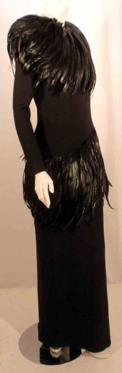 Women's Adolfo Long Black knit Evening Gown with Iridescent Feathers For Sale