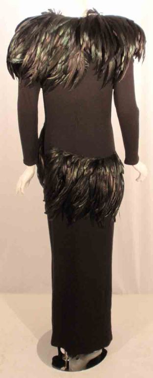 Adolfo Long Black knit Evening Gown with Iridescent Feathers For Sale 2