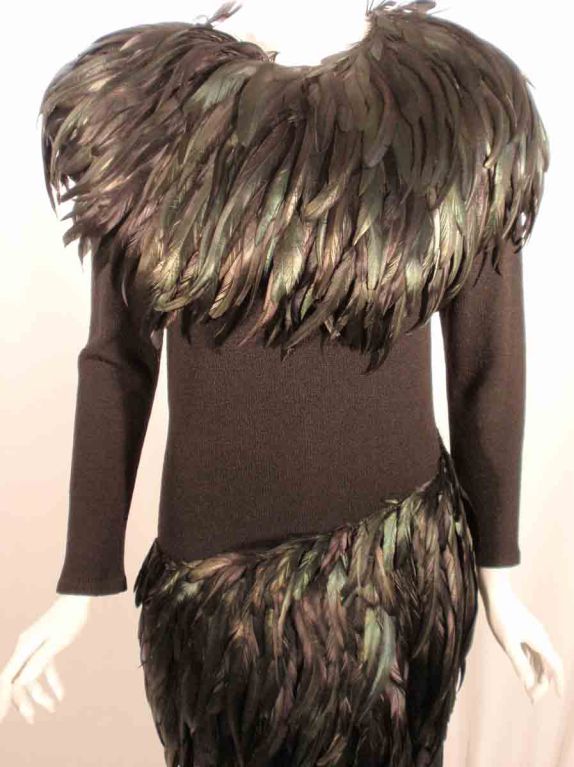 Adolfo Long Black knit Evening Gown with Iridescent Feathers For Sale 3