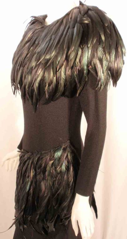 Adolfo Long Black knit Evening Gown with Iridescent Feathers For Sale 4