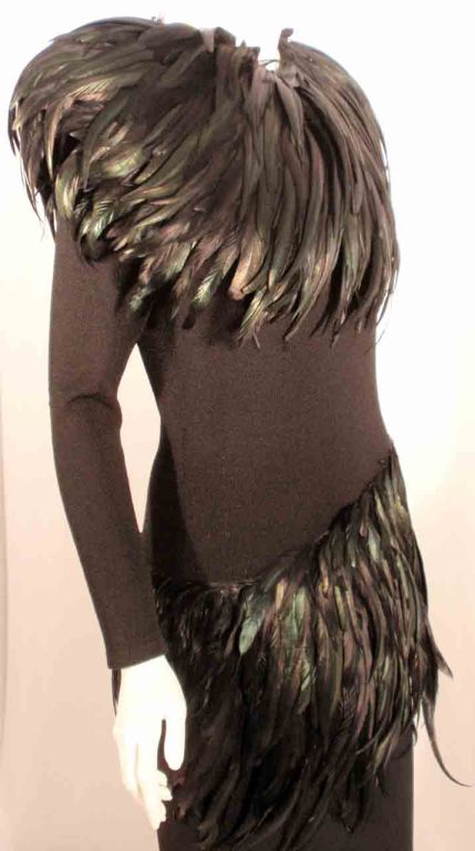 Adolfo Long Black knit Evening Gown with Iridescent Feathers For Sale 5