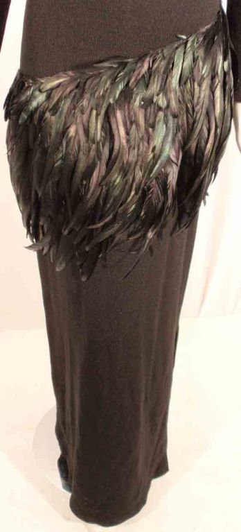 Adolfo Long Black knit Evening Gown with Iridescent Feathers For Sale 6