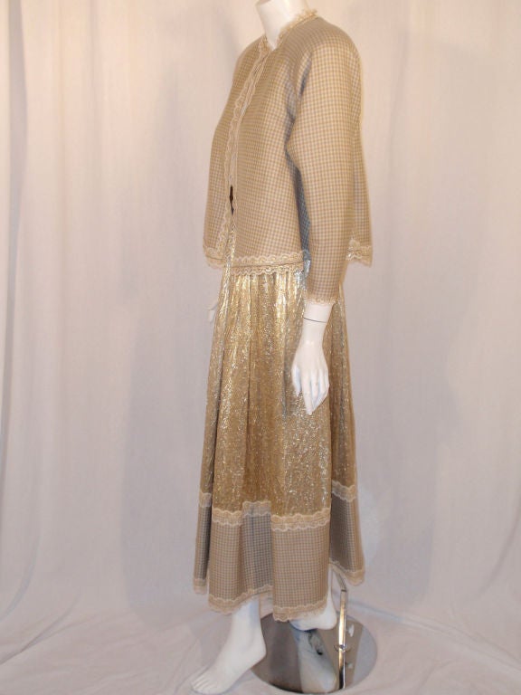 Brown Attributed to Geoffrey Beene 3 Pc, Gold Wool & Lace Jacket, Skirt & Belt 1980's For Sale