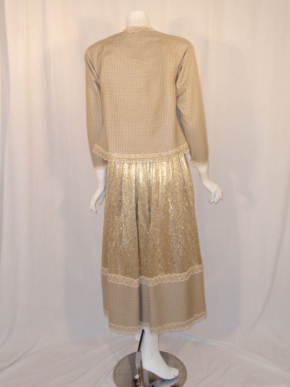 Attributed to Geoffrey Beene 3 Pc, Gold Wool & Lace Jacket, Skirt & Belt 1980's In Excellent Condition For Sale In Los Angeles, CA