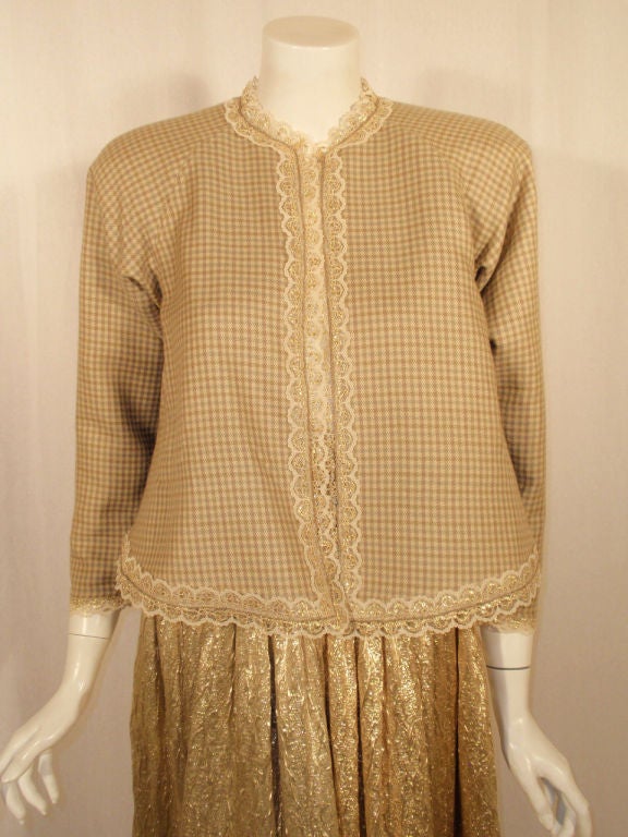 Attributed to Geoffrey Beene 3 Pc, Gold Wool & Lace Jacket, Skirt & Belt 1980's For Sale 1