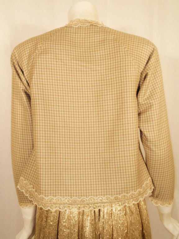 Attributed to Geoffrey Beene 3 Pc, Gold Wool & Lace Jacket, Skirt & Belt 1980's For Sale 2