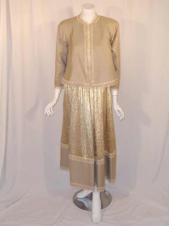 Women's Attributed to Geoffrey Beene 3 Pc, Gold Wool & Lace Jacket, Skirt & Belt 1980's For Sale