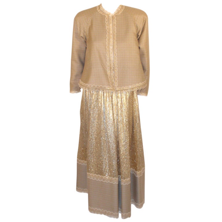 Attributed to Geoffrey Beene 3 Pc, Gold Wool & Lace Jacket, Skirt & Belt 1980's For Sale