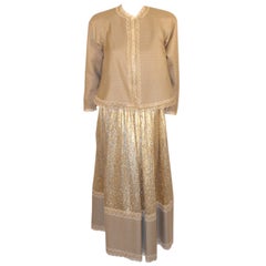 Retro Attributed to Geoffrey Beene 3 Pc, Gold Wool & Lace Jacket, Skirt & Belt 1980's