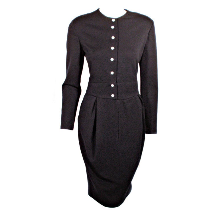 Geoffrey Beene 1980's Navy Blue Wool Jersey Dress Silk Lined Button Front For Sale