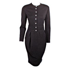 Vintage Geoffrey Beene 1980's Navy Blue Wool Jersey Dress Silk Lined Button Front