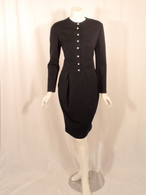 Geoffrey Beene 1980's Navy Blue Wool Jersey Dress Silk Lined Button ...