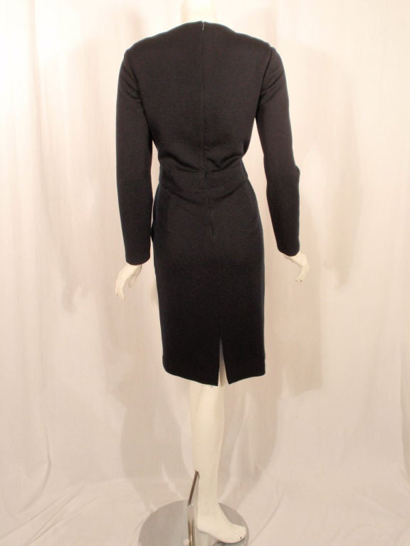 Geoffrey Beene 1980's Navy Blue Wool Jersey Dress Silk Lined Button Front In Good Condition For Sale In Los Angeles, CA