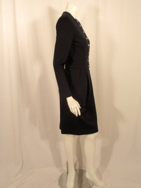 Women's Geoffrey Beene 1980's Navy Blue Wool Jersey Dress Silk Lined Button Front For Sale