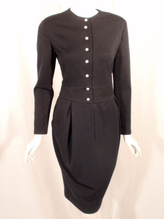 Geoffrey Beene 1980's Navy Blue Wool Jersey Dress Silk Lined Button Front For Sale 1