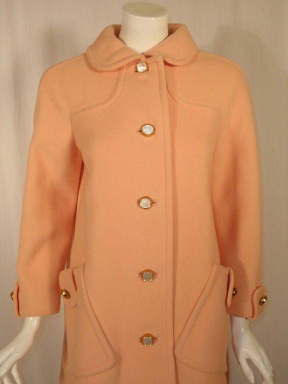 Filene's-Boston 1960s Peach Wool Coat w/ Abalone Buttons 3