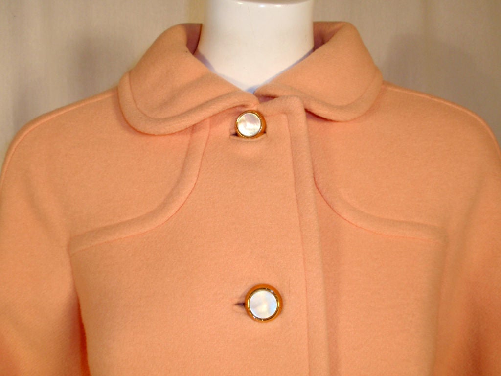 Filene's-Boston 1960s Peach Wool Coat w/ Abalone Buttons 4