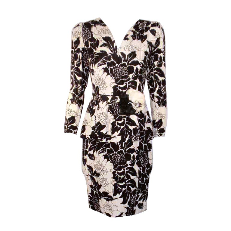 Andre Laug Black and White Silk Floral Print Dress w/Flower Belt For Sale