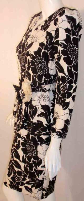 Andre Laug Black and White Silk Floral Print Dress w/Flower Belt For Sale 3