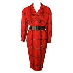 Vintage Courreges Red Plaid Wool Double Breasted Dress 