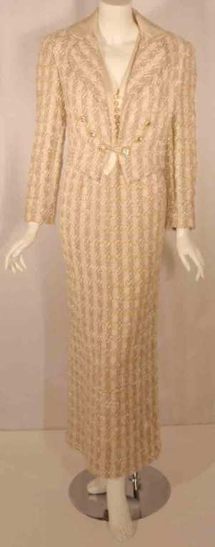 Bob Mackie 2pc Cream/Beige Silk and Tweed Jacket and Dress Set For Sale 2