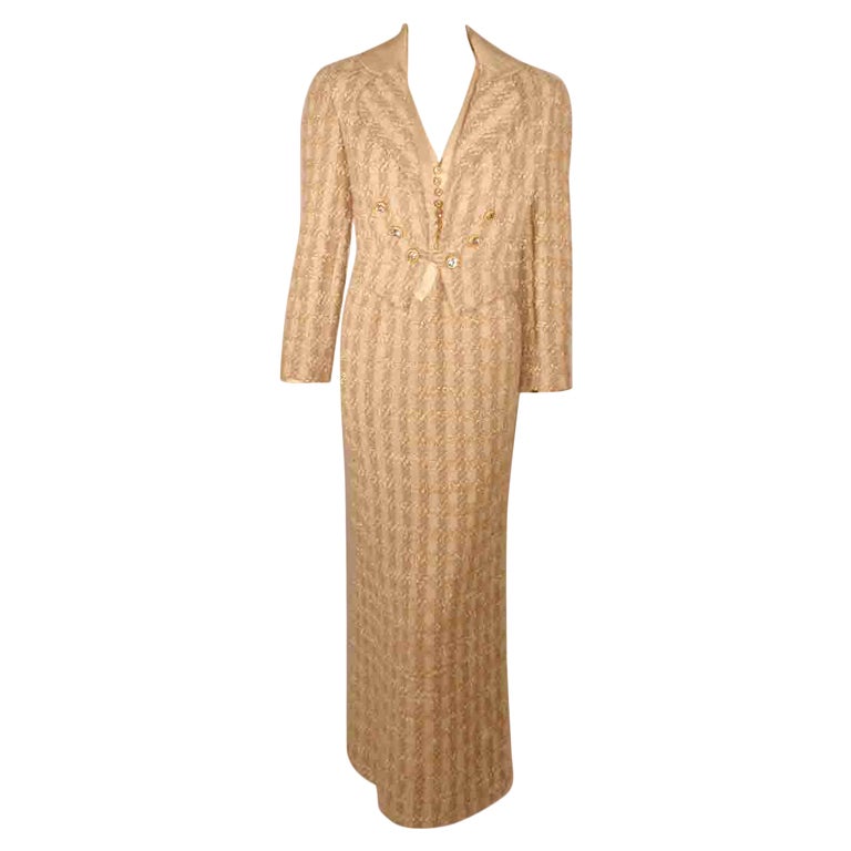 Bob Mackie 2pc Cream/Beige Silk and Tweed Jacket and Dress Set For Sale