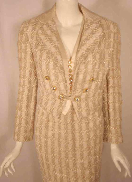 Bob Mackie - Ensemble 2 pièces veste et robe en tweed et soie crème/beige Bon état - En vente à Los Angeles, CA