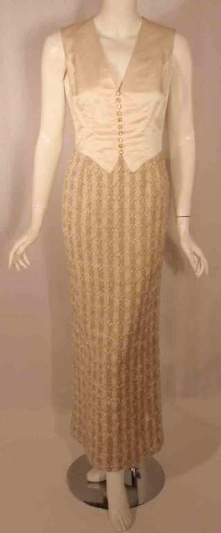 Bob Mackie 2pc Cream/Beige Silk and Tweed Jacket and Dress Set In Good Condition For Sale In Los Angeles, CA