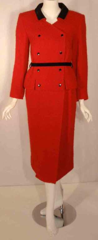 Courreges 2pc Red & Black Wool Jacket and Skirt Set with Belt 4