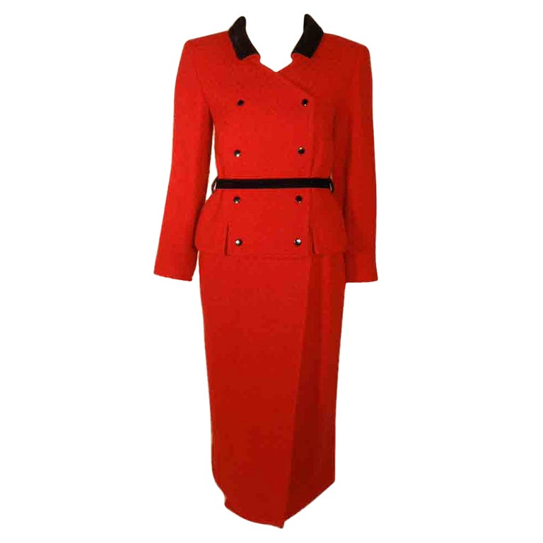 Courreges 2pc Red & Black Wool Jacket and Skirt Set with Belt