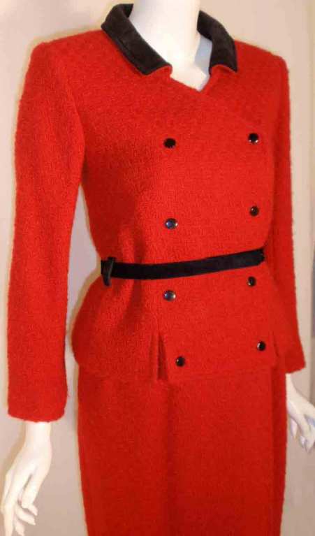 Courreges 2pc Red & Black Wool Jacket and Skirt Set with Belt 2