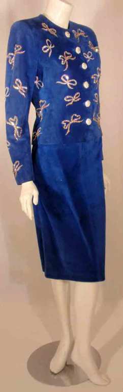 Yves Saint Laurent Rive Gauche 2pc Blue Suede & Rhinestone Jacket and Skirt Set In Excellent Condition In Los Angeles, CA