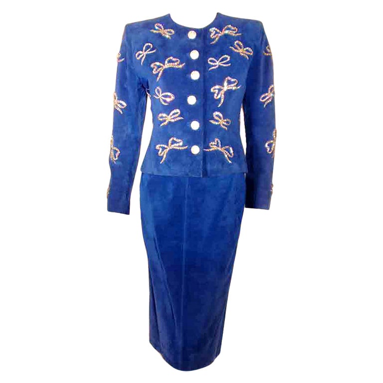 Yves Saint Laurent Rive Gauche 2pc Blue Suede 
Rhinestone Jacket and Skirt Set
