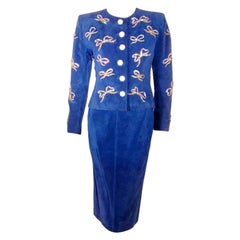 Vintage Yves Saint Laurent Rive Gauche 2pc Blue Suede & Rhinestone Jacket and Skirt Set