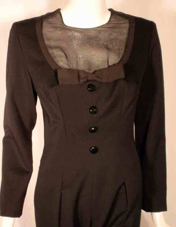 GIVENCHY Black Long Sleeve Wool Tuxedo Inspired Jumpsuit, Circa 1980's EU 38 US  4