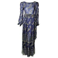 Retro Lanvin Haute Couture Royal Blue and Gold Lace Gown, 1970's