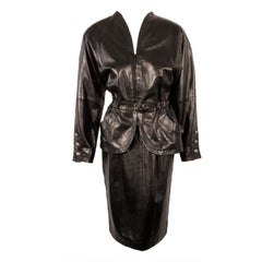 Yves Saint Laurent Fitted Black Lambskin Jacket and Skirt Ensemble