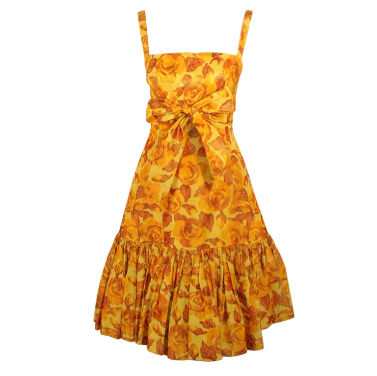 Traina-Norell Vintage Floral Print Taffeta Cocktail Dress For Sale