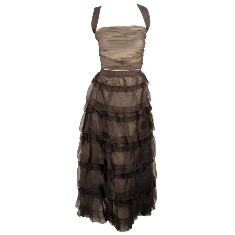 Oscar de la Renta Black Organza, Lace Ruffle Skirt & Wrap Top 2003 For Sale