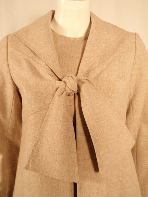Beige Bill Blass 2 pc Oatmeal Wool Sheath Dress with Tie Front Coat For Sale