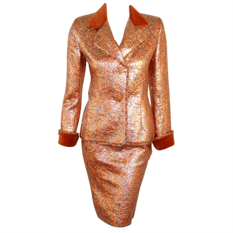 GIVENCHY Couture Copper with Silver Brocade Suit w/ Velvet Trim Size 4 For Sale