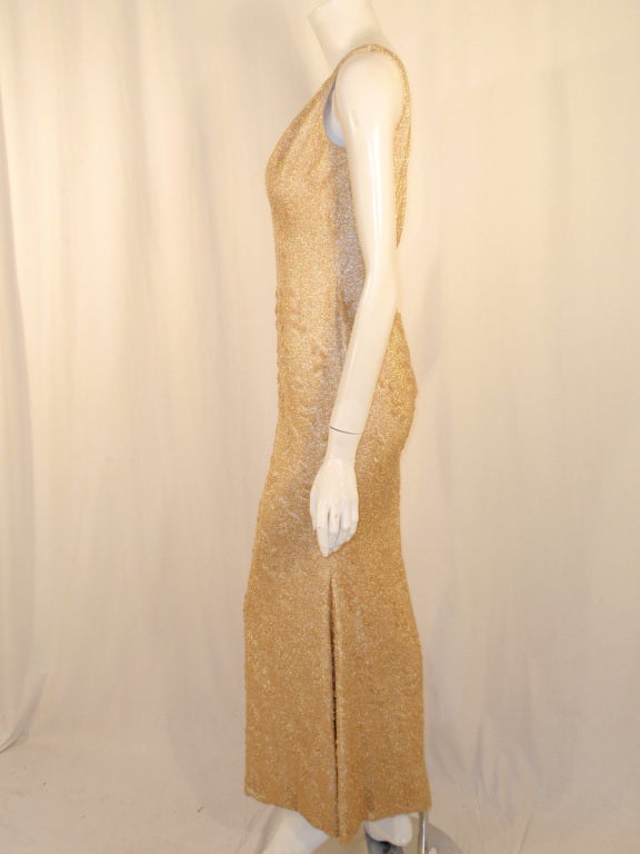 Martier Raymond V-neck Gold Glass Beaded Evening Gown In Excellent Condition In Los Angeles, CA