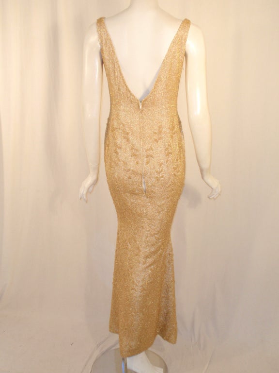 Women's Martier Raymond V-neck Gold Glass Beaded Evening Gown